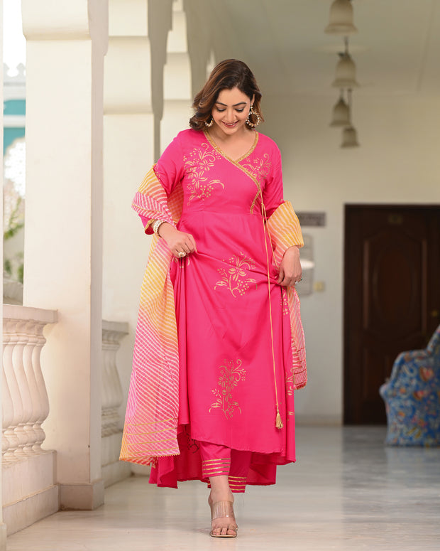 Pink Block Printed Angrakha Suit Set 255-PNK