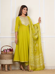 Parrot Green Cotton Embroidered Kurta Set 272-PGN