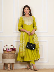 Parrot Green Cotton Embroidered Kurta Set 272-PGN