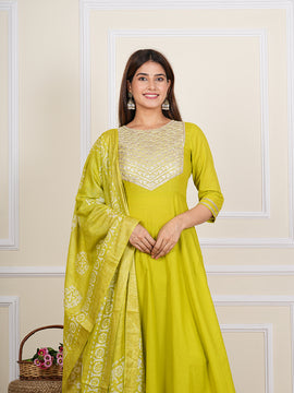 Parrot Green Cotton Embroidered Kurta Set 272-PGN