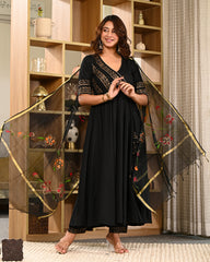 Women Block Printed Anarkali Kurta Set with Dupatta & Pants 307-BLK