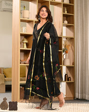 Women Block Printed Anarkali Kurta Set with Dupatta & Pants 307-BLK