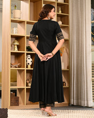 Women Block Printed Anarkali Kurta Set with Dupatta & Pants 307-BLK