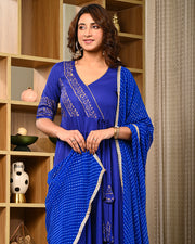 Women Block Printed Anarkali Kurta with Dupatta & Pants