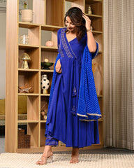 Women Block Printed Anarkali Kurta with Dupatta & Pants
