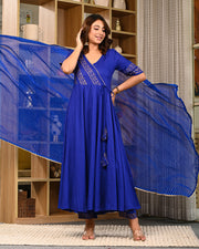 Women Block Printed Anarkali Kurta with Dupatta & Pants