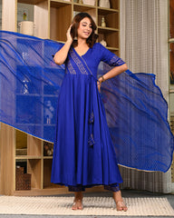 Women Block Printed Anarkali Kurta with Dupatta & Pants