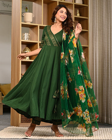 Bottle Green Angrakha Style Anarkali Suit Set with Floral Organza Dupatta