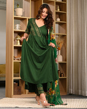 Women Block Printed Anarkali Kurta with Dupatta & Pants 307-GRN