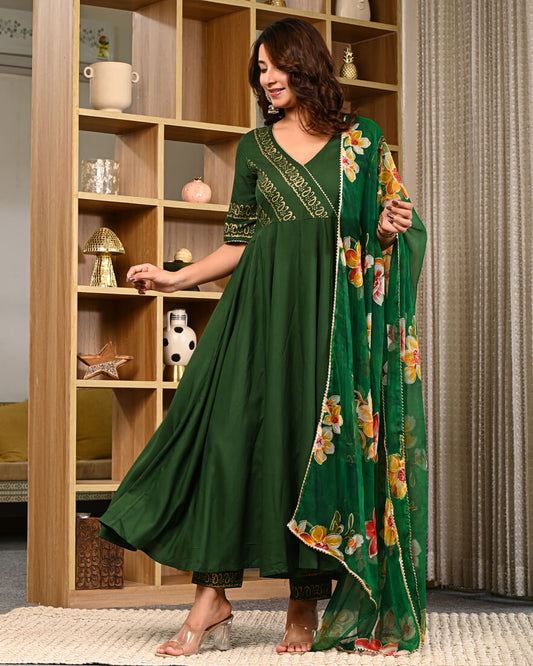 Bottle Green Angrakha Style Anarkali Suit Set with Floral Organza Dupatta