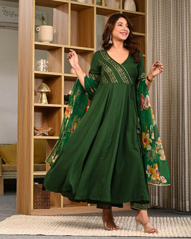 Bottle Green Angrakha Style Anarkali Suit Set with Floral Organza Dupatta