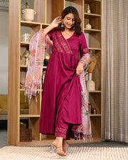 Women Block Printed Anarkali Kurta Set with Dupatta & Pants