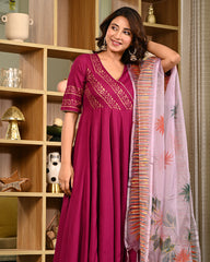 Women Block Printed Anarkali Kurta Set with Dupatta & Pants