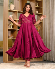 Women Block Printed Anarkali Kurta Set with Dupatta & Pants