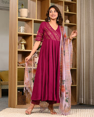 Women Block Printed Anarkali Kurta Set with Dupatta & Pants