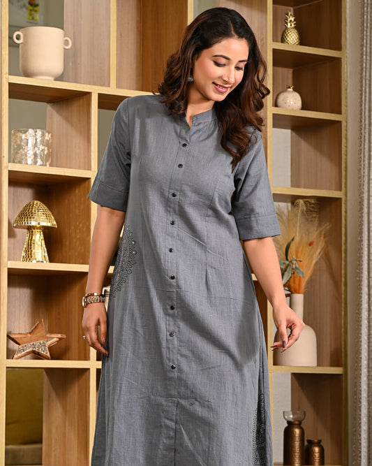 Grey Cotton Button-Down Kurta Pant Set with Side Pocket | Daily Office Wear