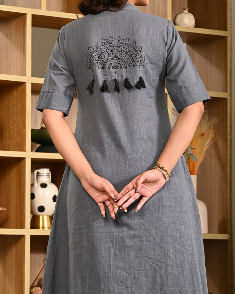 Grey Cotton Button-Down Kurta Pant Set with Side Pocket | Daily Office Wear
