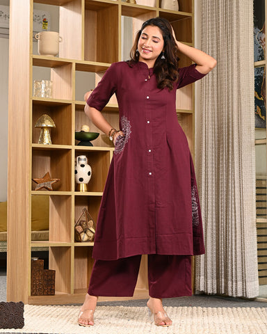 Wine Cotton Button-Down Kurta Pant Set with Side Pocket | Office Wear for Women