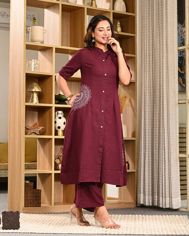 Wine Cotton Button-Down Kurta Pant Set with Side Pocket | Office Wear for Women