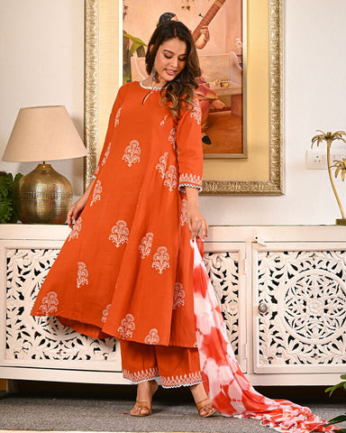 Burnt Orange A-Line Kurta Pant Set with White Lace & Shibori Detail