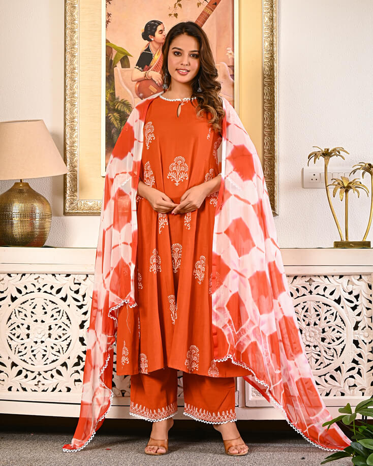 Burnt Orange A-Line Kurta Pant Set with White Lace & Shibori Detail