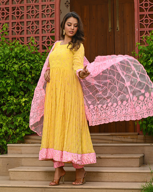 Yellow Embroidered Anarkali Kurta Set with Pink Dupatta