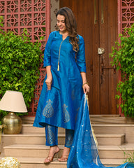 Teal Blue Embroidered Kurta Set with Dupatta - INDI INSIDE  321-GRN