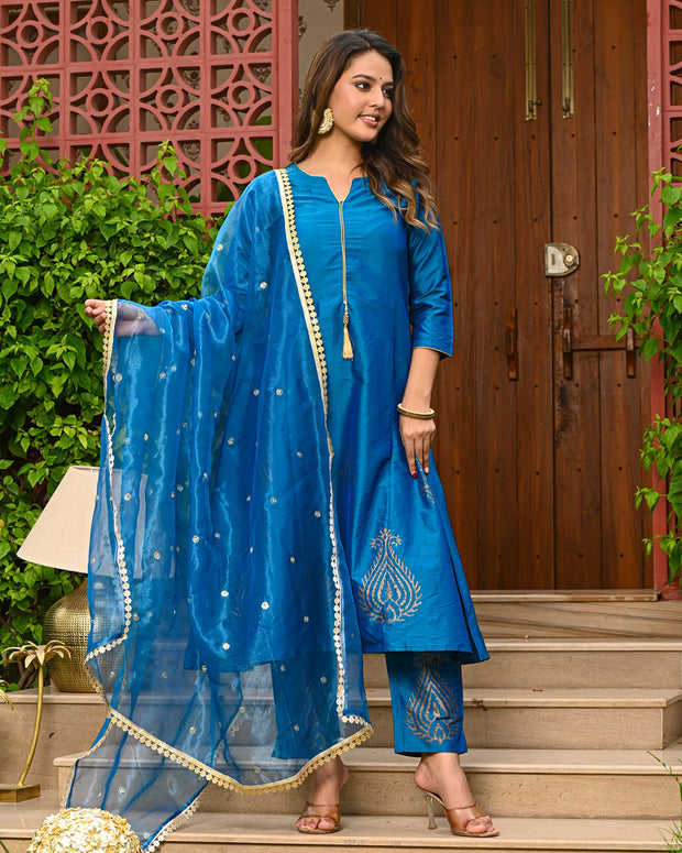 Teal Blue Embroidered Kurta Set with Dupatta - INDI INSIDE  321-GRN