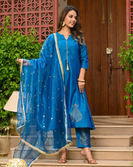 Teal Blue Embroidered Kurta Set with Dupatta - INDI INSIDE  321-GRN
