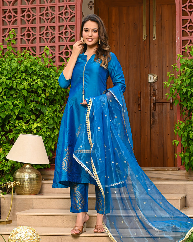 Teal Blue Embroidered Kurta Set with Dupatta - INDI INSIDE  321-GRN