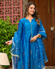 Teal Blue Embroidered Kurta Set with Dupatta - INDI INSIDE  321-GRN