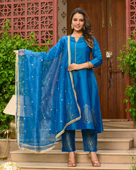 Teal Blue Embroidered Kurta Set with Dupatta - INDI INSIDE  321-GRN