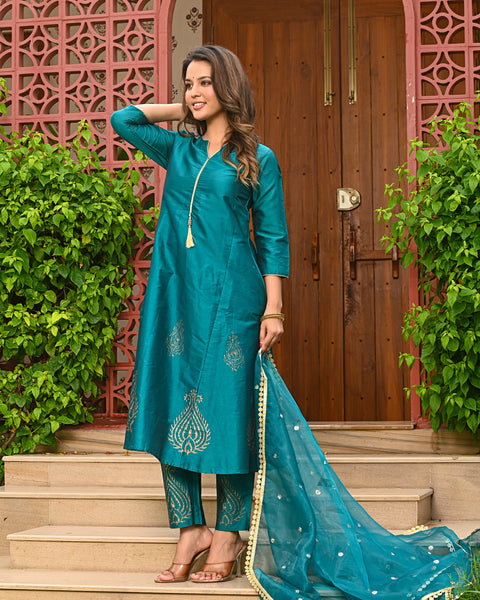 Green Embroidered Kurta Set with Dupatta - INDI INSIDE 321-BLU