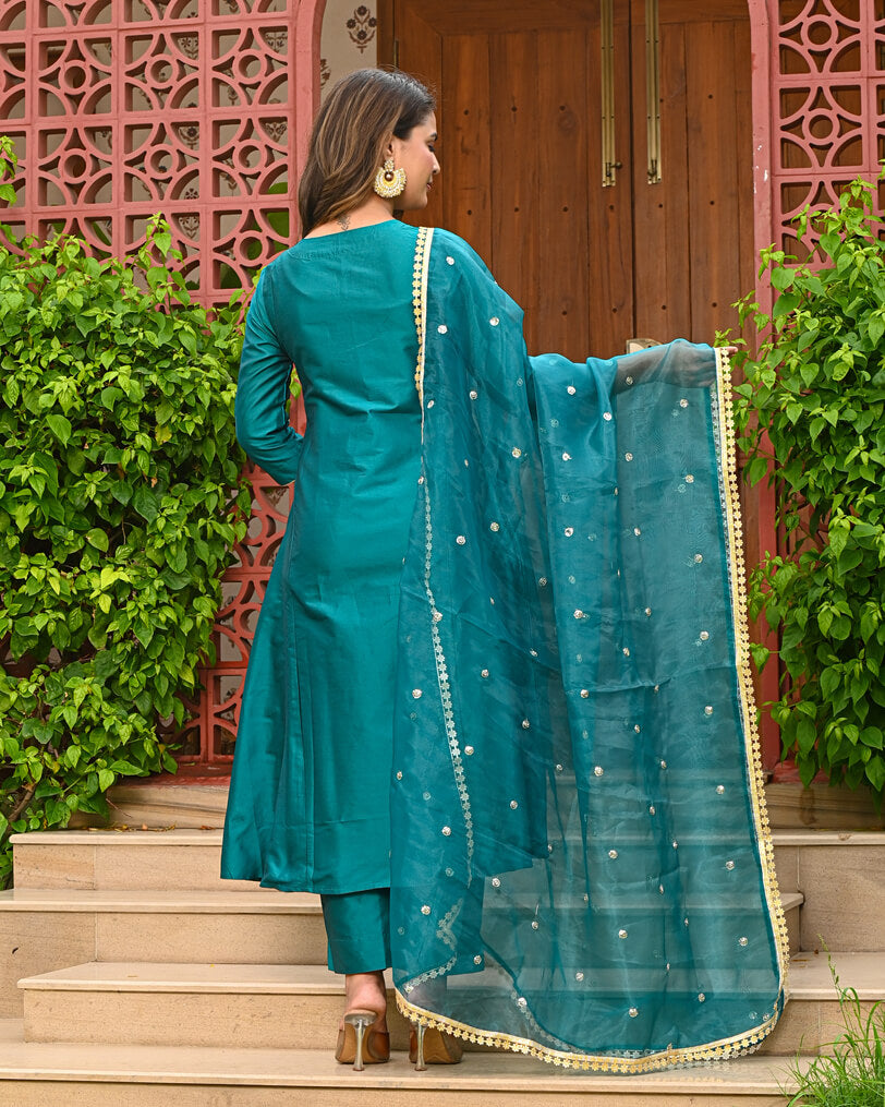 Teal Green Gold Foil Printed Kurta Set with Scalloped Organza Dupatta