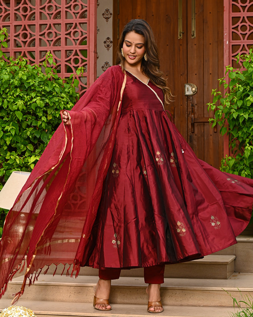 Buy Maroon Silk Anarkali Suit  | INDI INSIDE IND322