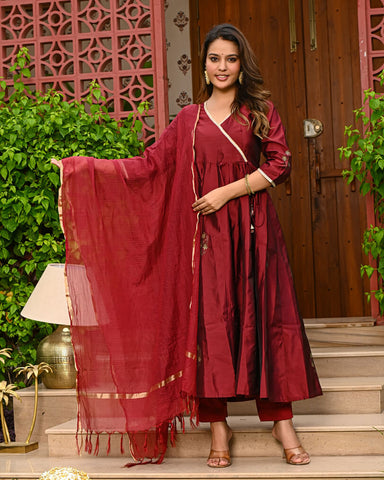 Maroon Silk Angrakha Anarkali Suit Set