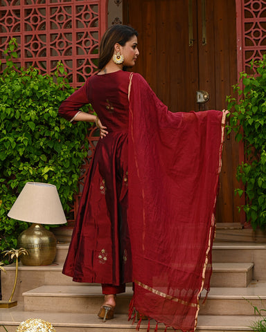 Maroon Silk Angrakha Anarkali Suit Set