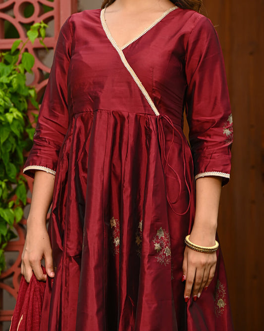 Maroon Silk Angrakha Anarkali Suit Set