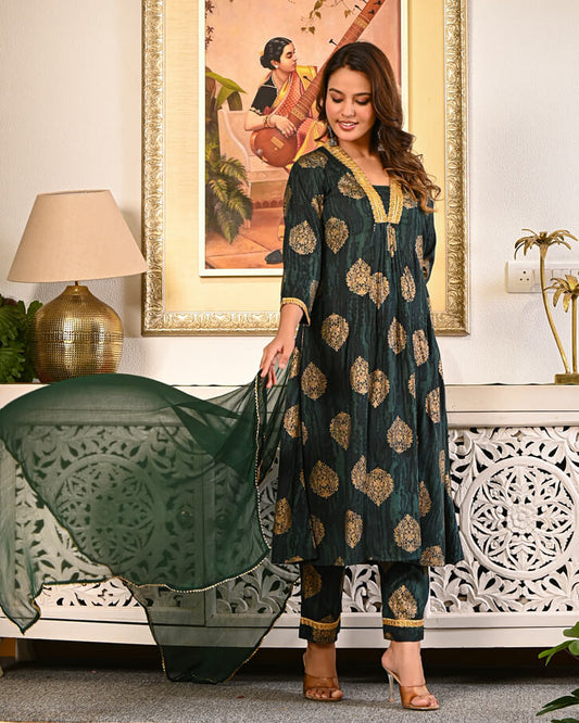 Women’s Dark Green Golden Printed Kurta Set with Dupatta | Elegant Festive Wear