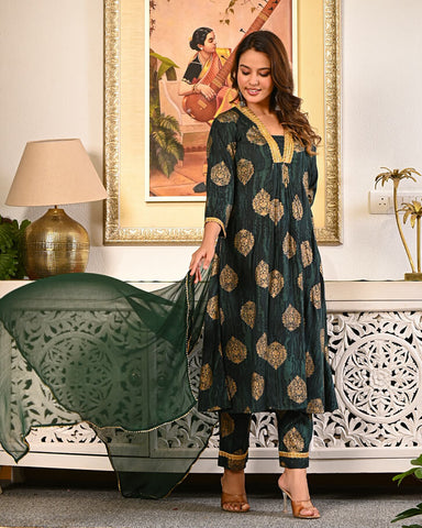 Women’s Dark Green Golden Printed Kurta Set with Dupatta | Elegant Festive Wear