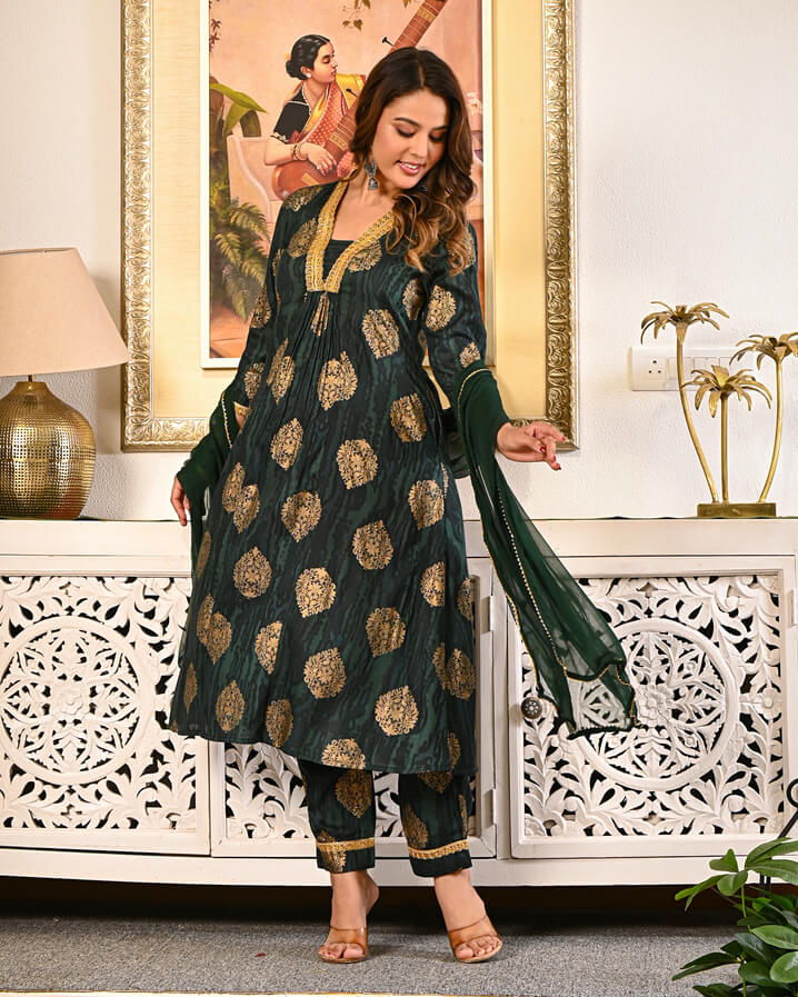 Women’s Dark Green Golden Printed Kurta Set with Dupatta | Elegant Festive Wear