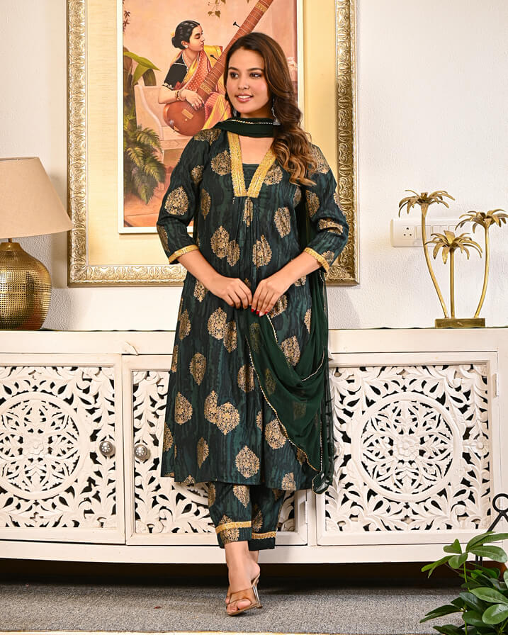 Women’s Dark Green Golden Printed Kurta Set with Dupatta | Elegant Festive Wear