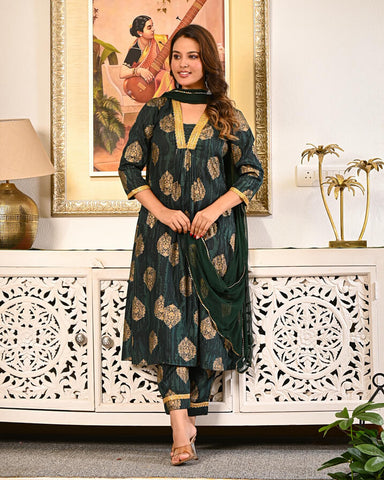 Women’s Dark Green Golden Printed Kurta Set with Dupatta | Elegant Festive Wear