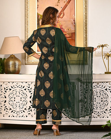 Women’s Dark Green Golden Printed Kurta Set with Dupatta | Elegant Festive Wear