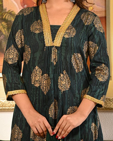 Women’s Dark Green Golden Printed Kurta Set with Dupatta | Elegant Festive Wear