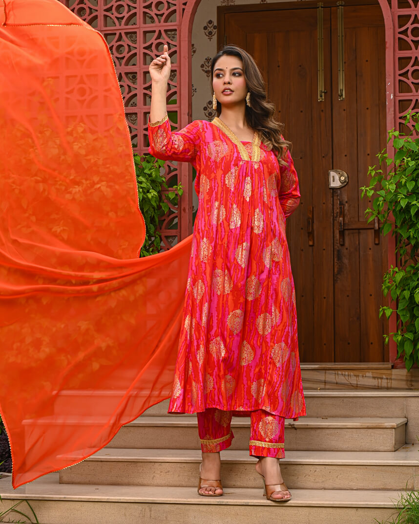 Women’s Pink Printed Kurta Set with Dupatta | Elegant Festive Wear