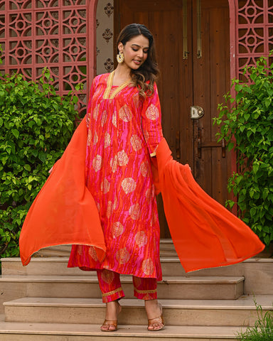 Women’s Pink Printed Kurta Set with Dupatta | Elegant Festive Wear