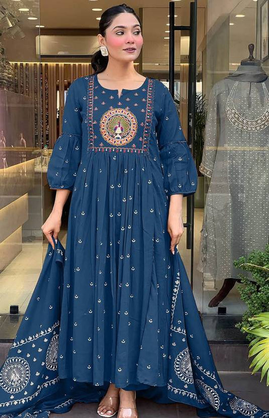 Teal Blue Embroidered Anarkali Suit Set – Heavy Zari & Sequin Work with Dupatta