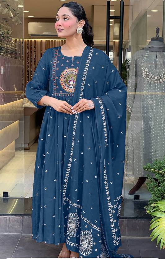 Teal Blue Embroidered Anarkali Suit Set – Heavy Zari & Sequin Work with Dupatta