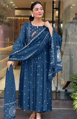 Teal Blue Embroidered Anarkali Suit Set – Heavy Zari & Sequin Work with Dupatta